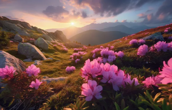Цветы, горы, природа, склоны, весна, Азия, розовые, кусты