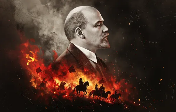 Флаг, лошади, СССР, Ленин, революция, знамя, конница, РККА