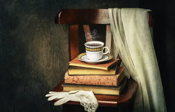 Чай, книги, кофе, стул, кружка, напиток, натюрморт