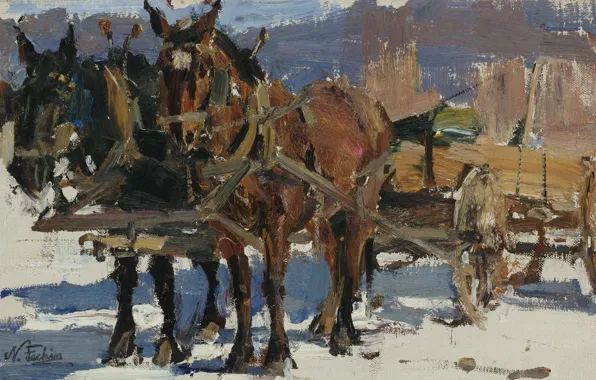 Картина, лошади, Повозка, Николай Фешин, Nicolai Fechin