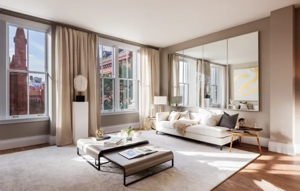 Интерьер, NYC, гостиная, Flatiron penthouse