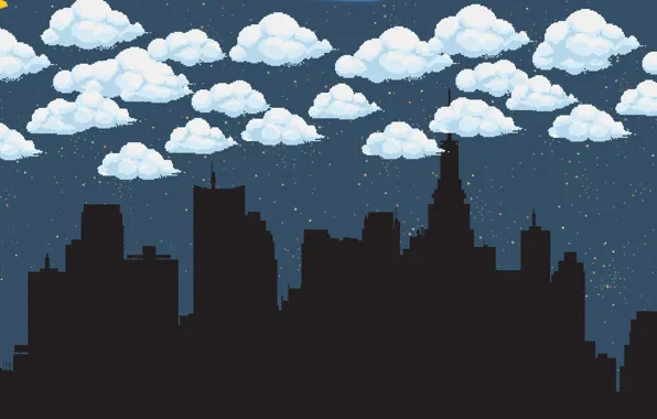 Облака, Ночь, Город, Fantasy, Sky, Пиксели, Night, Pixel