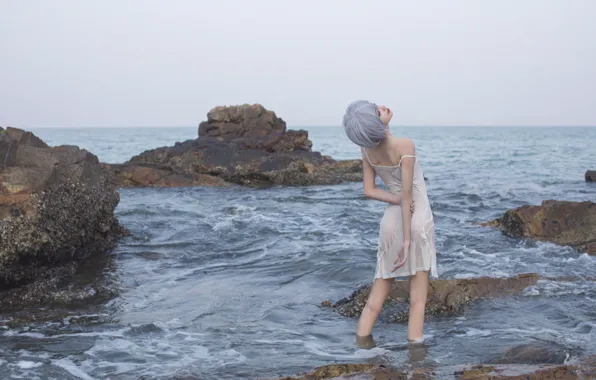 Rock, Beautiful, Asian, Model, Water, Woman, Ocean, Sea