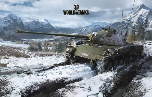 Картинка снег, горы, танк, колея, World of Tanks