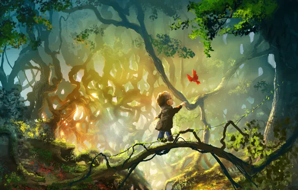 Картинка лес, листья, деревья, арт, птичка, ребёнок
