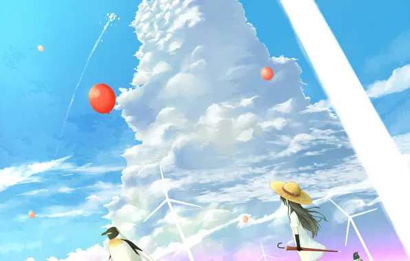 Картинка небо, девушка, облака, шарики, шляпа, зонт, аниме, пингвины