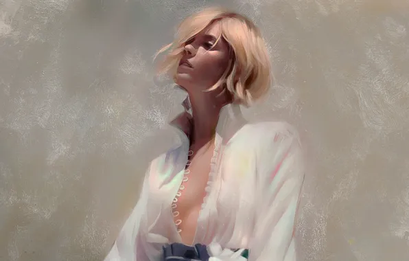 Воротник, серый фон, портрет девушки, белая блузка, расстебнута, by Justine Florentino