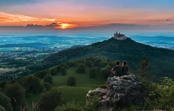 Картинка пейзаж, закат, горы, природа, замок, высота, Германия, крепость