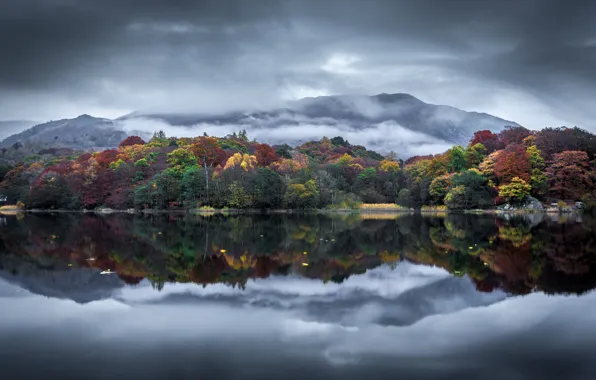 Autumn, clouds, lake, hill