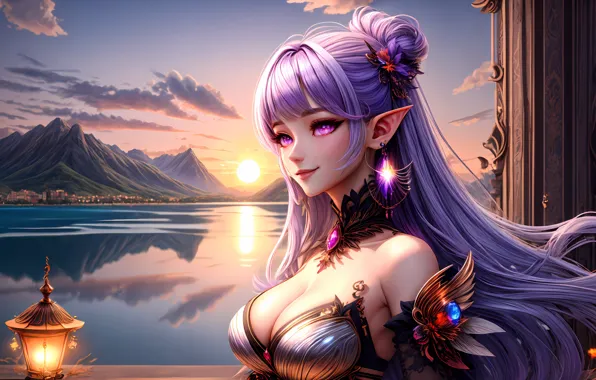 Картинка cleavage, long hair, women, big boobs, smiling, purple hair, bare shoulders, elf girl