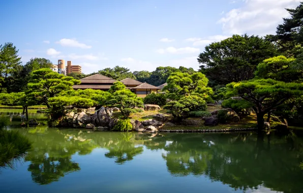 Деревья, природа, пруд, фото, Япония, сад, Takamatsu, Japan Ritsurin garden