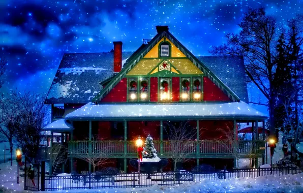Картинка свет, снег, украшения, деревья, огни, дом, праздник, забор