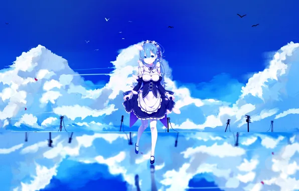 Вода, девушка, демон, длинные волосы, anime, горничная, art, rem