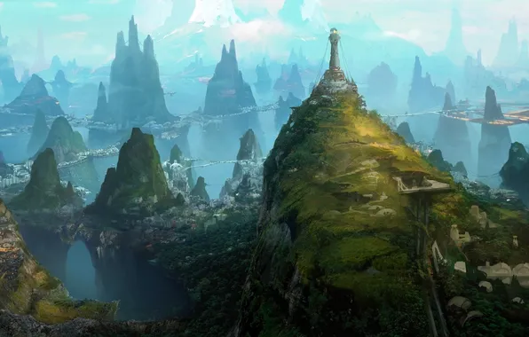 Картинка зелень, горы, город, скалы, маяк, арт, вид сверху
