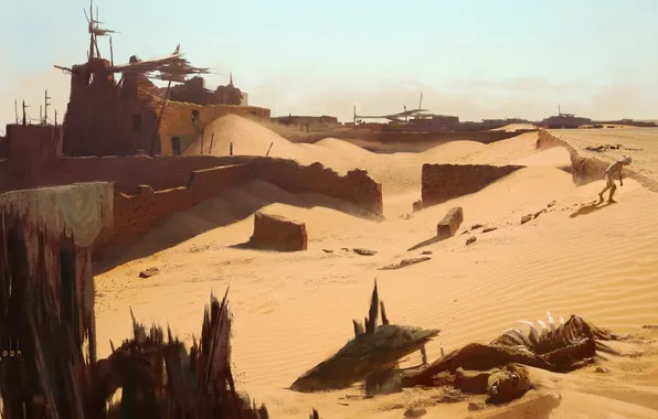 Картинка пустыня, здание, человек, верблюд, uncharted 3