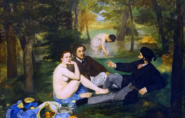 Картинка Деревья, Картина, Женщины, Мужчины, Edouard Manet, Эдуард Мане, Завтрак на траве, Французский живописец