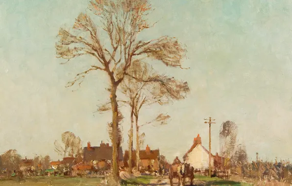 Дорога, деревья, пейзаж, картина, Эдуард Сиго, Деревня в Суффолке