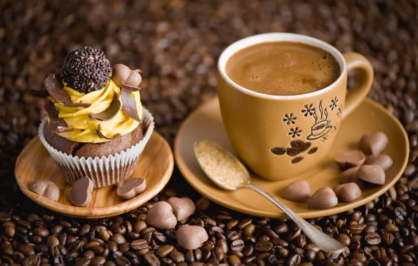 Картинка кофе, шоколад, ложка, чашка, сердечки, сахар, пирожное, крем