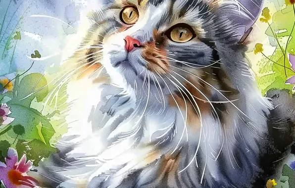 Картинка Взгляд, Кошка, Усы, Кот, Морда, Арт, Цифровое искусство, ИИ-арт