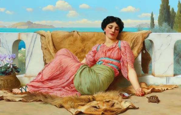 Картинка Море, Девушка, Картина, Платье, Черепаха, John William Godward, Джон Уильям Годвард, Английский художник-неоклассицист