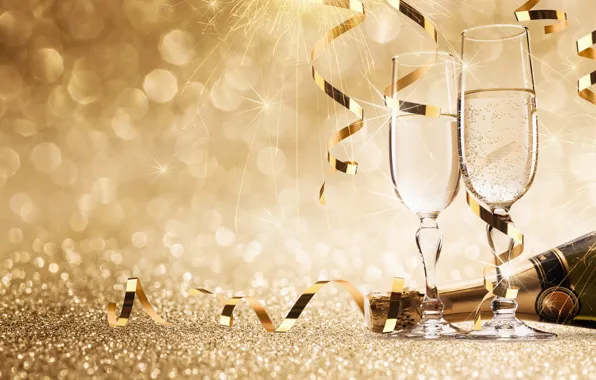 Бутылка, Новый Год, бокалы, new year, шампанское, happy, fireworks, фужеры