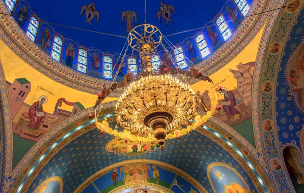 Картинка Чикаго, люстра, США, Иллинойс, купол, религия, церковь Святых Владимира и Ольги, украинская католическая парафия