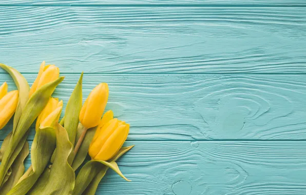 Картинка цветы, букет, желтые, тюльпаны, yellow, wood, tulips