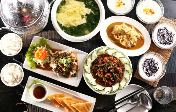 Суп, рис, овощи, японская кухня, блюда, ассорти