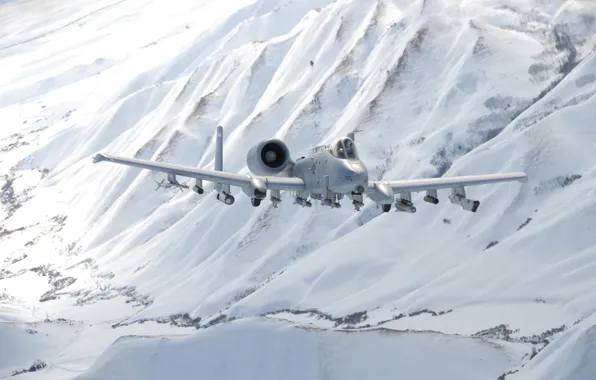 Картинка снег, полет, горы, штурмовик, A-10, Thunderbolt II, «Тандерболт» II