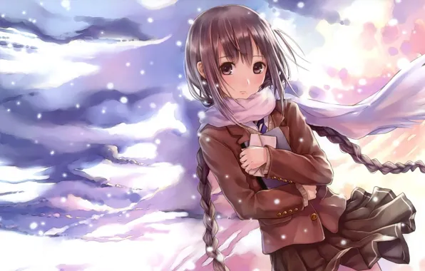 Девушка, арт, метель, kazuharu kina, снег.