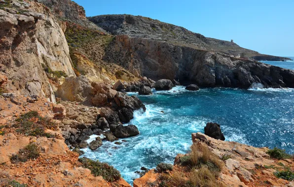 Картинка море, небо, облака, камни, скалы, Мальта