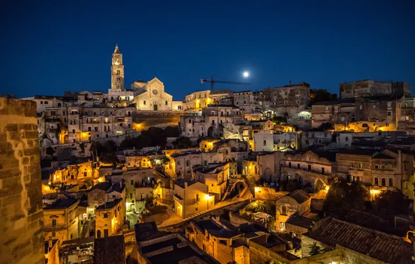 Картинка Italy, moonlight, Matera, Basilicata