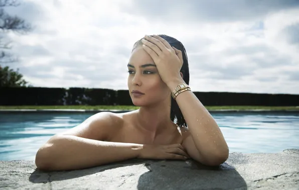 Взгляд, поза, модель, часы, бассейн, актриса, Кортни Итон, Courtney Eaton
