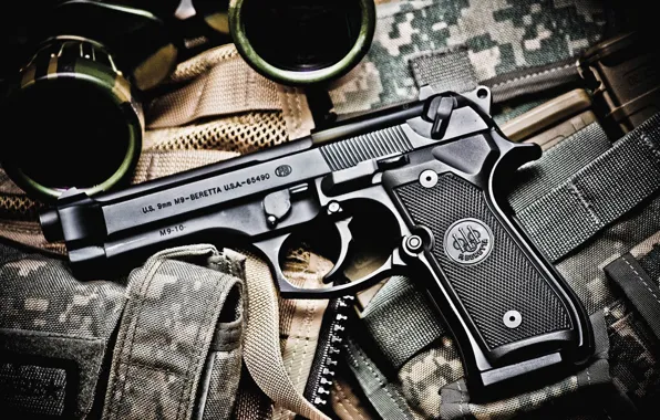 Пистолет, бинокль, Beretta M9, амуниция снаряжение, боке wallpaper, калибр 9x19 мм парабеллум, самозарядный Беретта M9