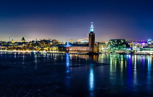 Зима, ночь, огни, отражение, Стокгольм, Швеция, ратуша
