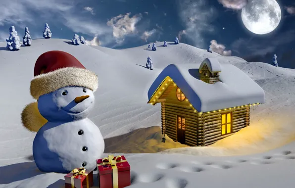 Картинка зима, свет, снег, дом, луна, графика, подарки, снеговик