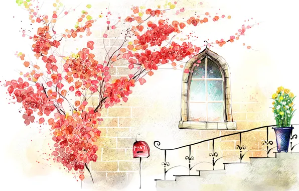 Картинка цветы, окно, лестница