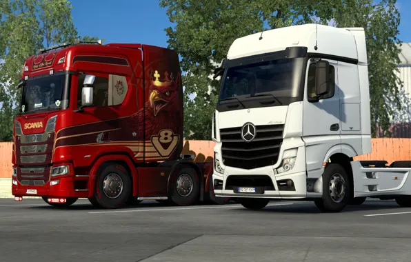 Машина, Mercedes, Mercedes - Benz, Truck, Scania, Тягач, FullHD, Euro Truck Simulator 2