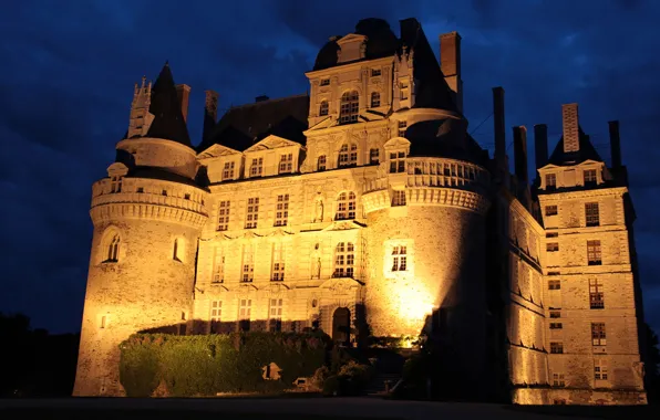Ночь, замок, Франция, освещение, Chateau de Brissac