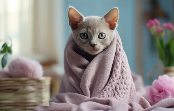 Кошка, взгляд, цветы, поза, котенок, серый, полотенце, ткань