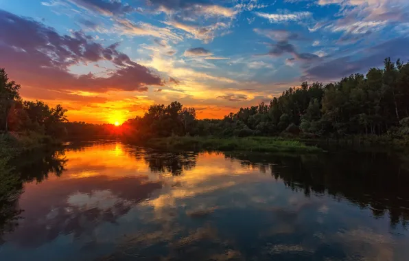 Небо, деревья, закат, отражение, река, Павел Сагайдак, река Урал