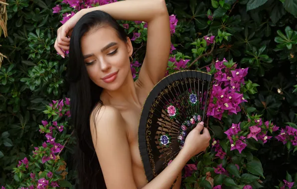 Long hair, purple flowers, gorgeous, black hair, beautiful face, eyes closed, sexy brunette, full lips