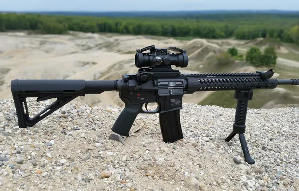 Картинка оружие, гравий, AR-15, штурмовая винтовка, сошка