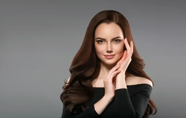 Взгляд, девушка, лицо, руки, макияж, брюнетка, прическа, woman