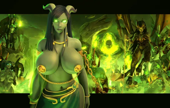 Грудь, девушка, рендеринг, голая, тело, сиськи, цепь, World of Warcraft