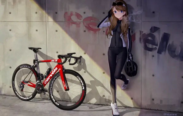 Девушка, велосипед, стена, бутылка, аниме, арт, очки, шлем