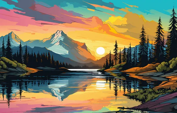 Лес, небо, солнце, облака, пейзаж, горы, отражение, берег