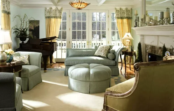 Интерьер, рояль, балкон, камин, гостиная, Luxury, Interior, Classic English Style