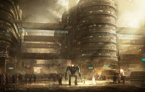 Картинка город, будущее, люди, робот, арт