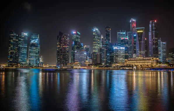 Ночь, город, огни, здания, небоскребы, подсветка, Сингапур